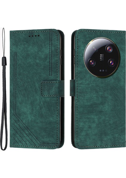 Xiaomi 13 Ultra Anti-Çizelge Baskılı Çizgiler Flip Case Cilt Touch Pu Deri Stand Cüzdan Telefon Kapak Yeşil (Yurt Dışından)