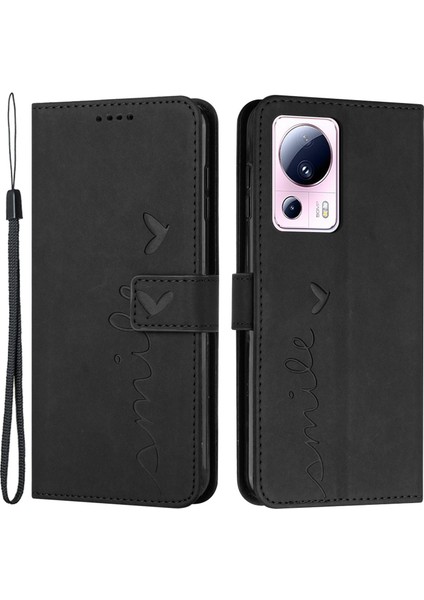 Xiaomi Civi Için 2 5g/13 Lite Flip Shell Baskılı Kalp Şekli Pu Deri Telefon Cüzdan Kılıfı Stand-Black (Yurt Dışından)