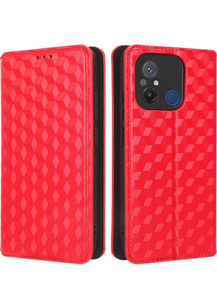 Xiaomi Redmi Için 12C 4G/11A 4g/poco C55 4g Şok Geçirmez Telefon Kasası Baskılı Eşkenar Dörtgen Desen Pu Deri Cüzdan Standı Kapak-Kırmızı (Yurt Dışından)