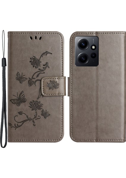 Xiaomi Için Redmi Note 12 4g Deri Telefon Kılıfı Baskılı Kelebek Çiçek Manyetik Tutucu Flip Stand Cüzdan Kapak Grey (Yurt Dışından)