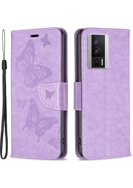 Xiaomi Poco F5 Pro 5g/redmi K60 Pro 5G/K60 5g Kelebek Baskılı Pu Deri Telefon Kılıfı Cüzdan Stand Kapağı El Strap-Spurple (Yurt Dışından)