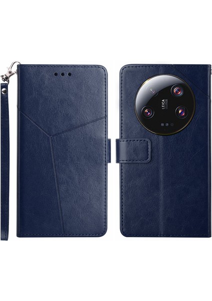 Xiaomi Için HT01 13 Ultra Cep Telefonu Kapağı Y Şeklinde Hat Baskılı Stand Cüzdan Pu Deri+Tpu Kapak-Mavi (Yurt Dışından)