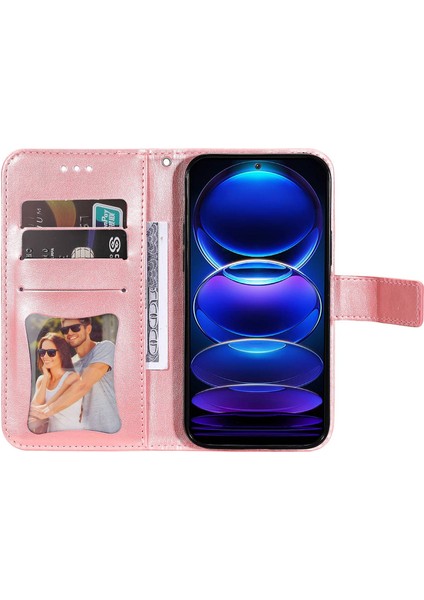 Xiaomi Için Redmi Note 12 5g (Global)/(Hindistan)/(Çin)/poco X5 5g Çiçek Baskılı Pu Deri Deri Kapak Cüzdan Stili Stand Koruyucu Telefon Kılıfı Kayış Pembe (Yurt Dışından)