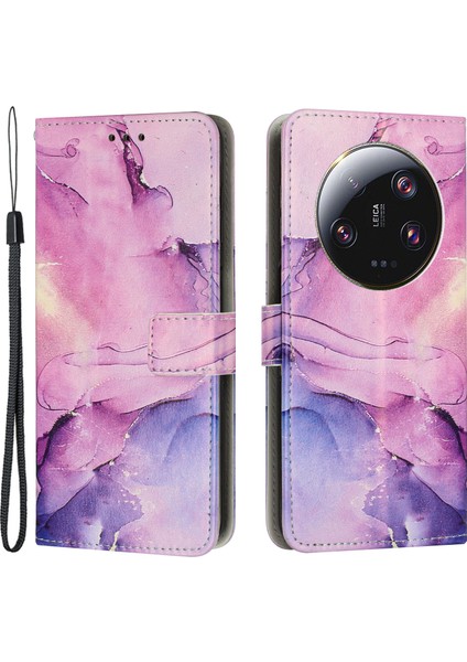 Xiaomi Için 13 Ultra Cep Telefonu Kılıfı Mermer Desen Cüzdan Stand Pu Deri Kapak Bilek Kayış-Mor ile (Yurt Dışından)