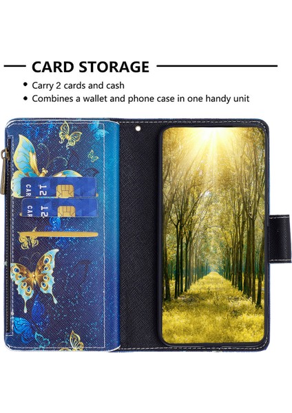 Xiaomi Için Poco F5 5g/redmi Not 12 Turbo BF03 Deri Cüzdan Stand Telefon Kılıfı Zipper Cep Deseni Baskı Kapak Golden Kelebekler (Yurt Dışından)