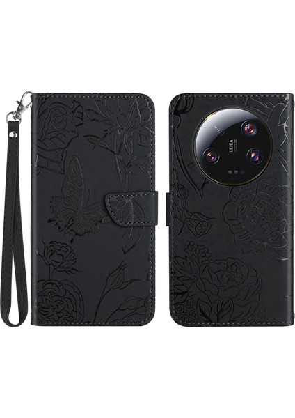HT03 Xiaomi Için Telefon Kılıfı 13 Ultra Pu Deri Stand Cüzdan Kelebek Çiçekleri Strap-Black ile Baskılı Kapak (Yurt Dışından)