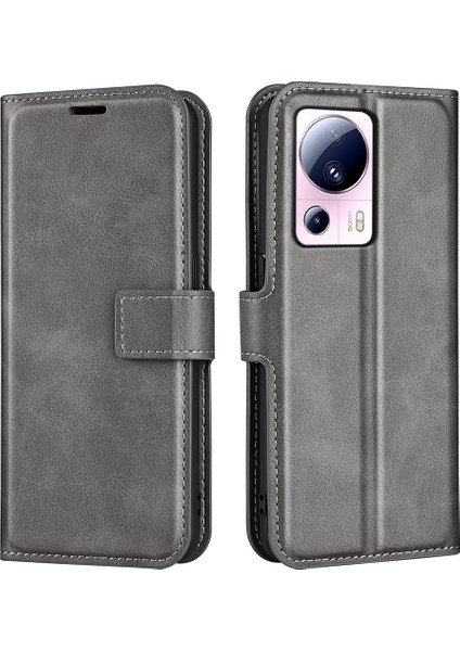 Xiaomi 13 Lite/civi 2 5g Kare Toka Deri Telefon Kasası Buzağı Doku Cüzdanı Stand Anti-Damla Kapak-Gri (Yurt Dışından)