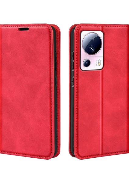 Xiaomi 13 Lite/civi 2 5g Cilt Deri Deri Cüzdan Telefon Kılıfı Flip Stand Koruyucu Kapak-Kırmızı (Yurt Dışından)