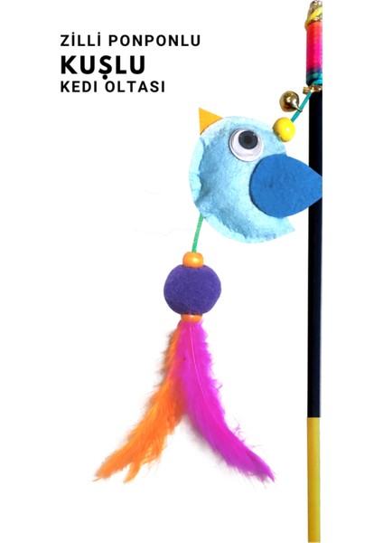 Kuşlu Ponponlu Zilli Kedi Oltası