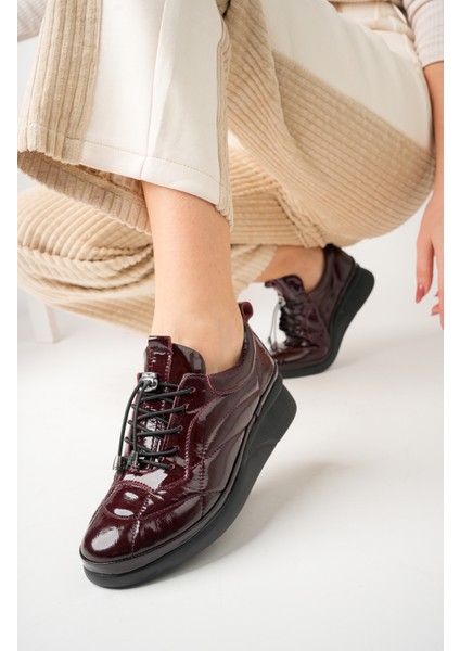 Kadın Hakiki Deri Bordo Rugan Anatomik Taban Rahat Lastik Bağcıklı Ayakkabı modelleri