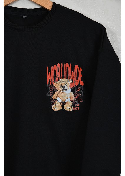 Çocuk Worl Wide Oversize Baskılı Pamuklu Bisiklet Yaka Kısa Kollu Sweatshirt indirimleri