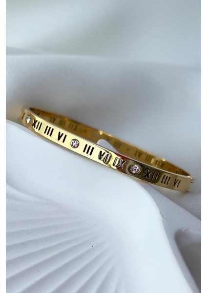 Caprea Çelik 17 cm Çevreli Ince Taşlı Roma Rakamlı Kadın Kelepçe Çelik Bileklik Kadın modelleri