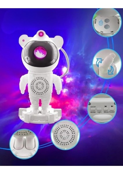 Astronot Bluetooth Hoparlör Galaxy Bulutsusu Ay Tavan Gökyüzü Projektör Zamanlayıcı Gece Lambası