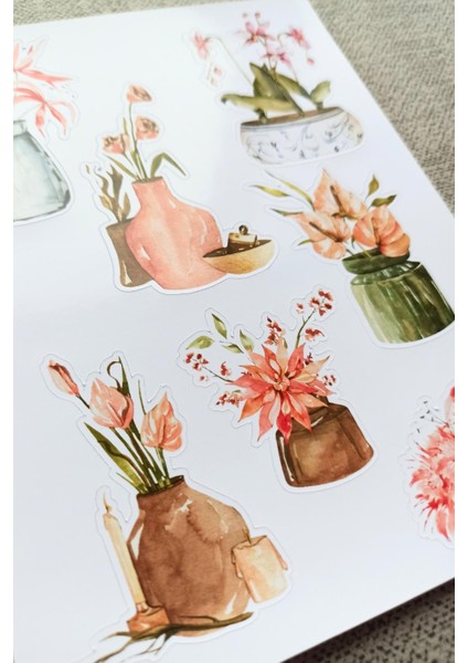 7 Adet Suluboya Vazo Orkide Çiçek Sticker Bullet Journal Scrapbook Laptop Sticker