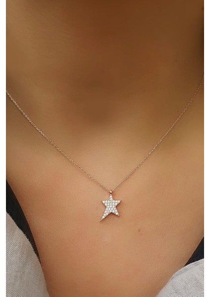 925AYAR Gümüş Üzerine Rose Altın Kaplama Trend Yıldız Kolye