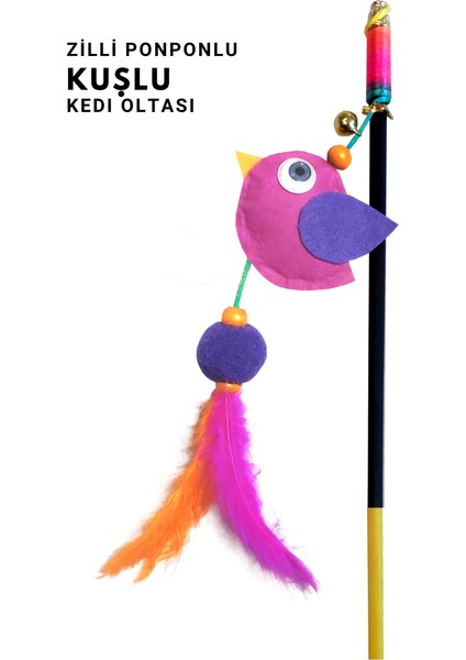 Kuşlu Ponponlu Zilli Kedi Oltası