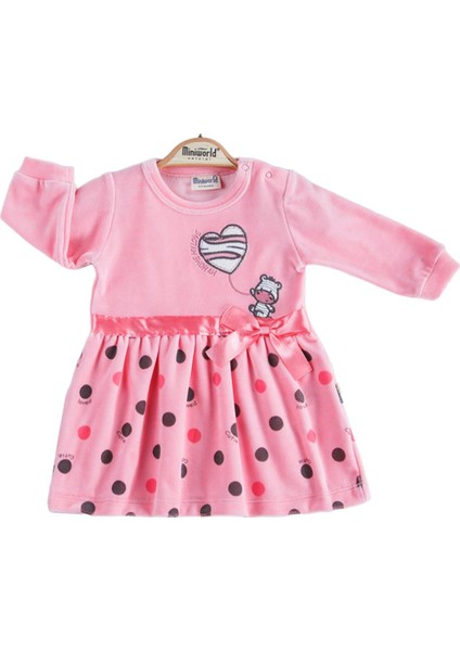 Miniworld Kız Bebek Kurdele Detaylı Pembe Kadife Elbise 16428