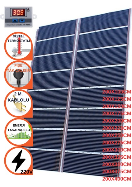 Dijital Termostatlı Halı Altı Karbon Isıtıcı Film 200X100CM