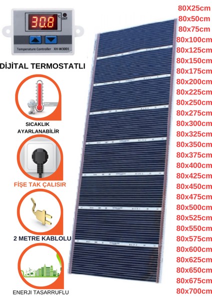 Dijital Termostatlı Halı Altı Karbon Isıtıcı Film 80X25CM