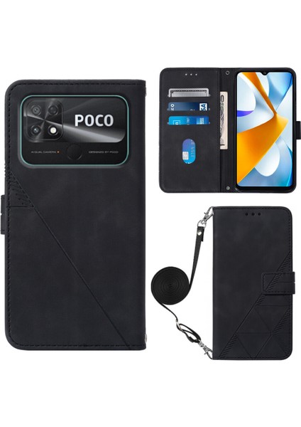 Xiaomi Poco C40 ile Uyumlu Tam Korumalı Yumuşak Pu Deri Kapaklı Cüzdan Telefon Kılıfı, Kart Tutuculu ve Uzun Askılı (Yurt Dışından)