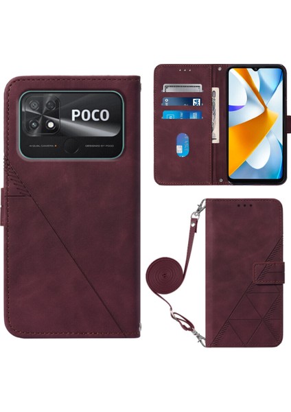 Xiaomi Poco C40 ile Uyumlu Tam Korumalı Yumuşak Pu Deri Kapaklı Cüzdan Telefon Kılıfı, Kart Tutuculu ve Uzun Askılı (Yurt Dışından)