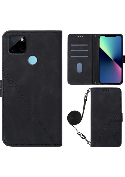 Realme C21Y/C25Y ile Uyumlu Tam Korumalı Yumuşak Pu Deri Kapaklı Cüzdan Telefon Kılıfı, Kart Tutuculu ve Uzun Askılı (Yurt Dışından)