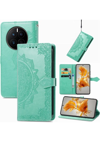 Huawei Mate 50 ile Uyumlu El Standı Fonksiyonlu Cüzdan Kabartmalı Pu Deri Kart Tutucu (Yurt Dışından)