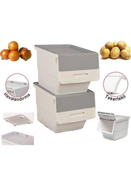 Motek Tekerlekli Patateslik Soğanlık Oyuncak Kutusu Patateslik Soğanlık Sepeti 2X12LT Beyaz+Gri fiyatları