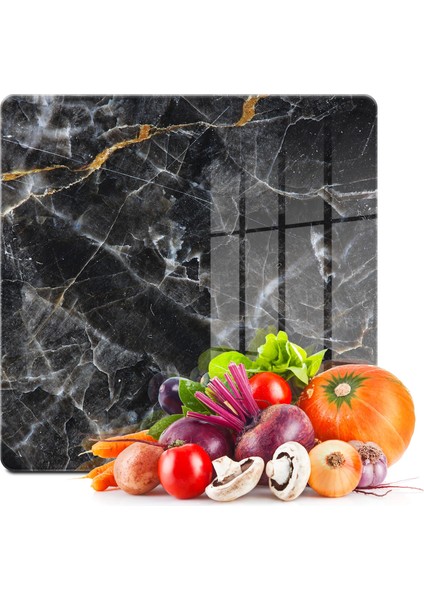 Cam Kesme Tahtası Kare Siyah Mermer Desenli 30X30 cm