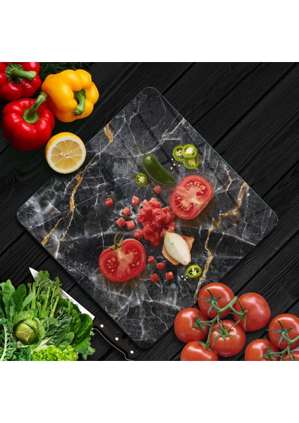 Cam Kesme Tahtası Kare Siyah Mermer Desenli 30X30 cm fiyatları