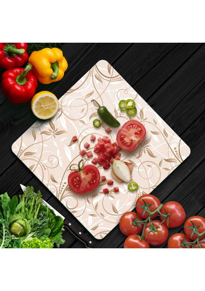 Cam Kesme Tahtası Kare Kahverengi Sarmaşık Desenli 30X30 cm fiyatları