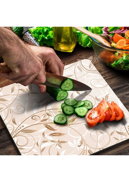 Cam Kesme Tahtası Kare Kahverengi Sarmaşık Desenli 30X30 cm modelleri