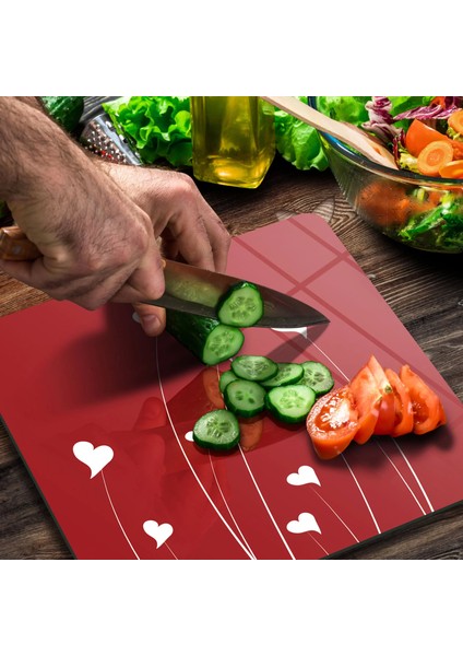 Cam Kesme Tahtası Kare Kırmızı Beyaz Kalp Desenli 30X30 cm modelleri
