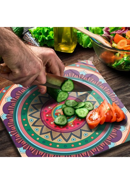 Cam Kesme Tahtası Kare Mandala 5 Desenli 30X30 cm modelleri