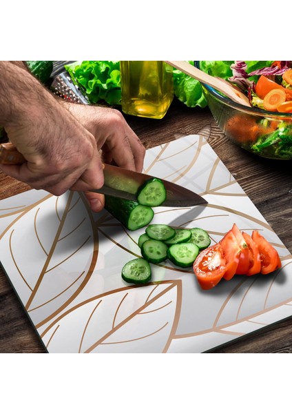 Cam Kesme Tahtası Kare Gold Yaprak Desenli 30X30 cm modelleri