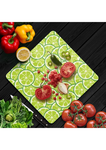Cam Kesme Tahtası Kare Misket Limon Desenli 30X30 cm