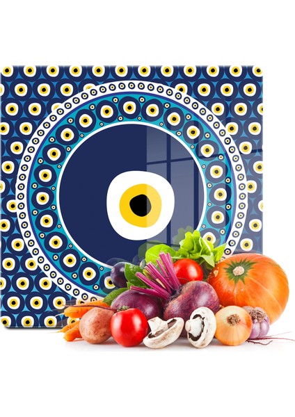 Cam Kesme Tahtası Kare Nazar Boncuğu Desenli 30X30 cm