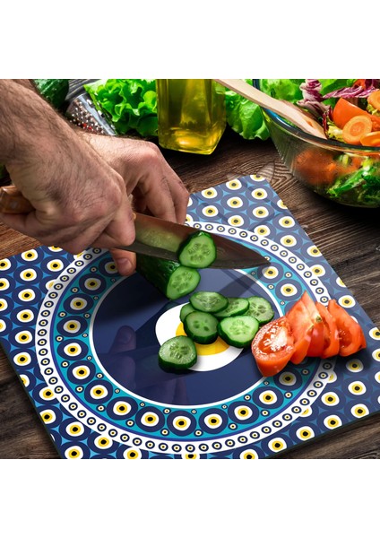 Cam Kesme Tahtası Kare Nazar Boncuğu Desenli 30X30 cm modelleri