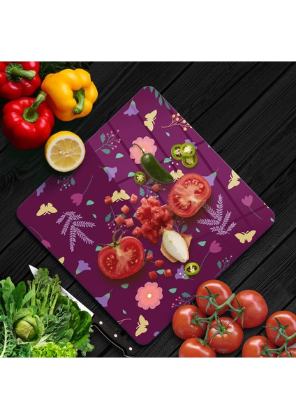 Cam Kesme Tahtası Kare Mor Sarı Kelebek Çiçek Desenli 30X30 cm fiyatları