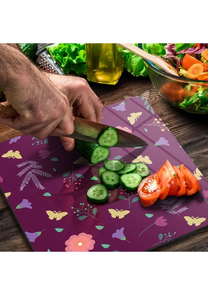 Cam Kesme Tahtası Kare Mor Sarı Kelebek Çiçek Desenli 30X30 cm modelleri