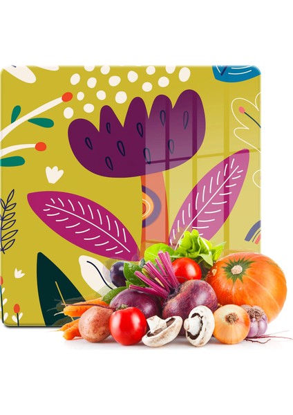 Cam Kesme Tahtası Kare Renkli Çiçek Desenli 30X30 cm