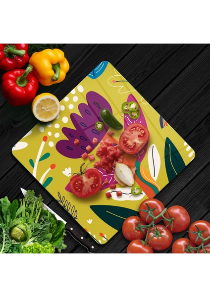 Cam Kesme Tahtası Kare Renkli Çiçek Desenli 30X30 cm fiyatları