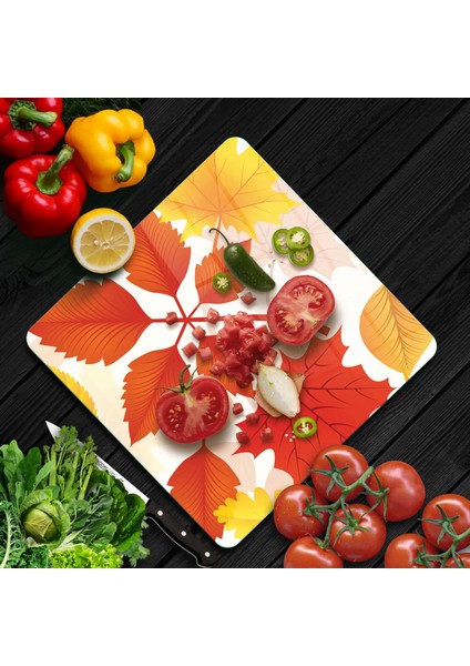 Cam Kesme Tahtası Kare Sonbahar Yaprak Desenli 30X30 cm fiyatları