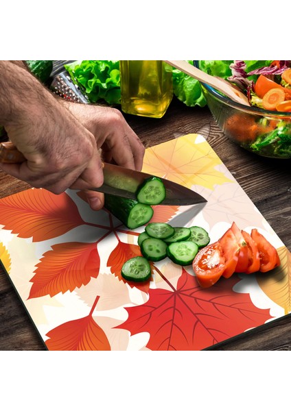 Cam Kesme Tahtası Kare Sonbahar Yaprak Desenli 30X30 cm modelleri