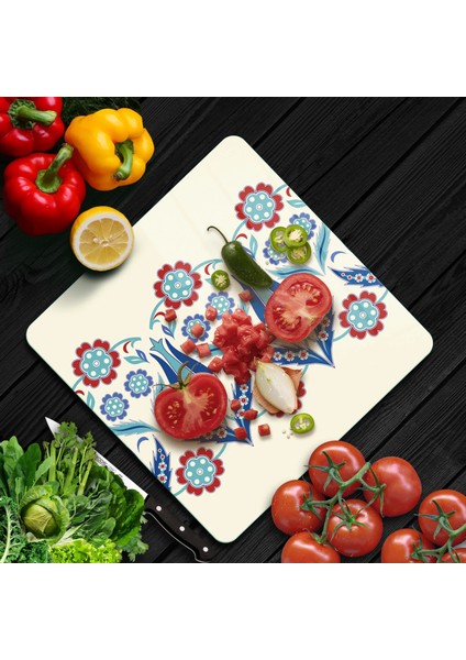 Cam Kesme Tahtası Kare Çini Lale Desenli 30X30 cm fiyatları