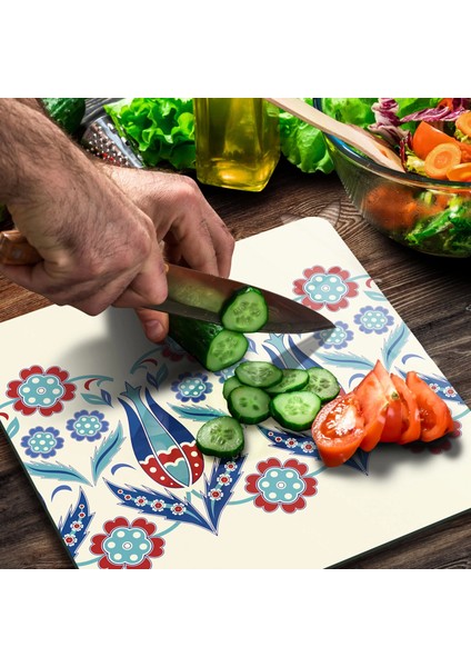 Cam Kesme Tahtası Kare Çini Lale Desenli 30X30 cm modelleri
