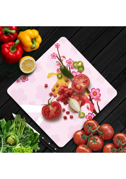 Cam Kesme Tahtası Kare Kuş Çiçek Desenli 30X30 cm fiyatları