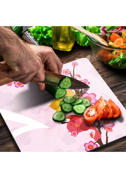 Cam Kesme Tahtası Kare Kuş Çiçek Desenli 30X30 cm modelleri