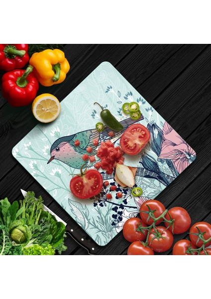 Cam Kesme Tahtası Kare Kuş Çiçek Desenli 30X30 cm fiyatları