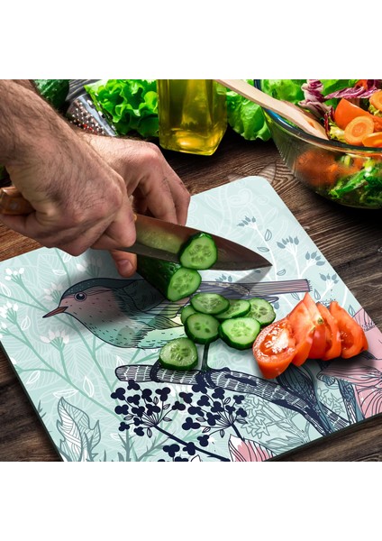 Cam Kesme Tahtası Kare Kuş Çiçek Desenli 30X30 cm modelleri